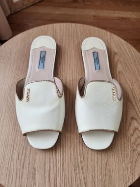 PRADA Ivory Saffiano Patent Leather Flat Slides